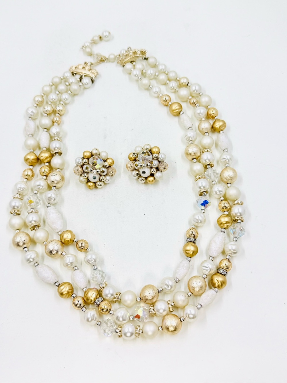 Vintage Japan Gold Ivory AB Crystal Multi-Strand Pearl Necklace Clip-On Earrings
